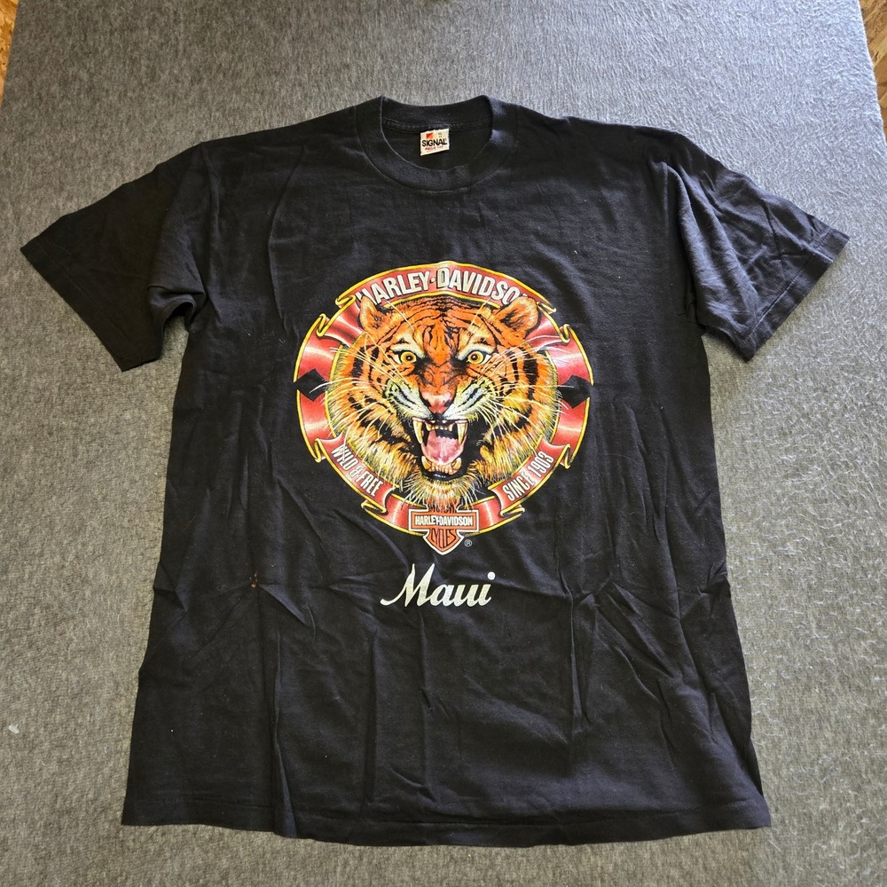 Vintage 80s Harley-Davidson Maui Tiger T Shirt Mens XL Black Single Stitch